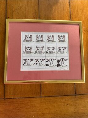 Vintage Framed Cow Sequence Art Print w/ Mat & Gold Frame by E. Halsey signed 88